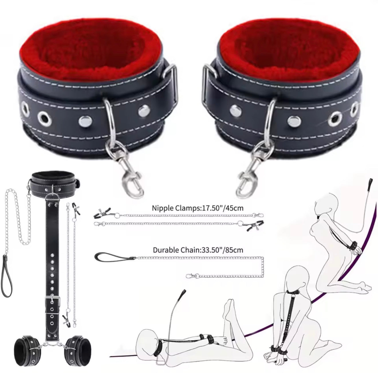 Submission Collar Harness with Cuffs & Nipple Clips