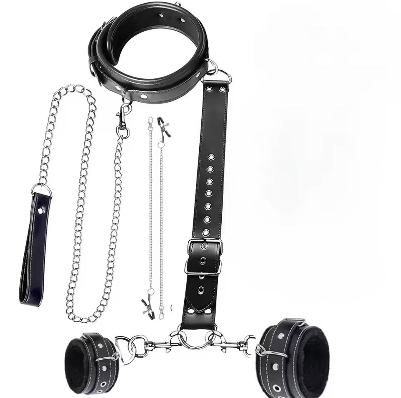 Submission Collar Harness with Cuffs & Nipple Clips