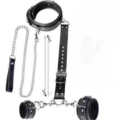 Submission Collar Harness with Cuffs & Nipple Clips