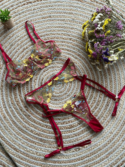 Floral Red Lingerie Set